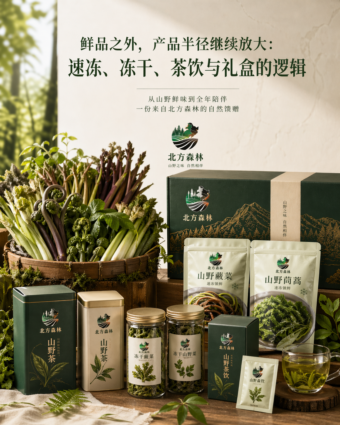 鲜品、速冻、冻干、茶饮与礼盒构成北方森林产品半径